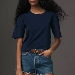 Anthropologie Meave Saclloped Sweater Navy Tee Short Sleeve Blouse Top XLarge